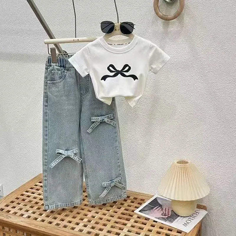 2PCS Children's Summer Clothes Set Girls Bow Colour Blocked Top + Solid Colour Straight Leg Jeans Outfit For Kids 4-6Y