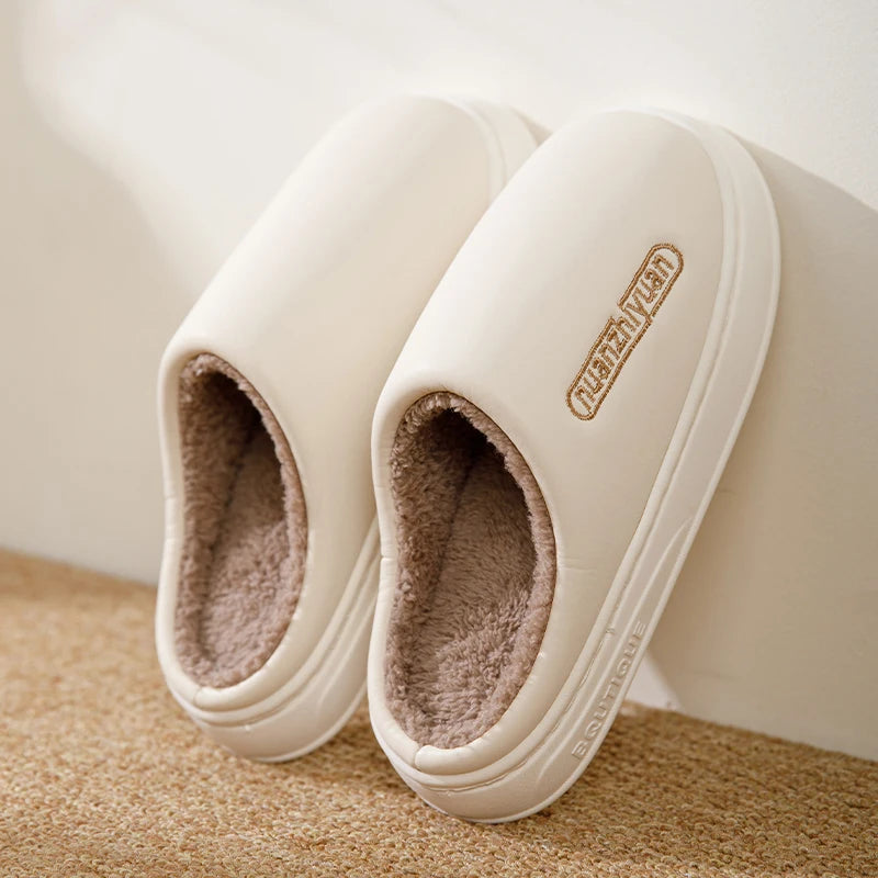Unisex Anti-slip Waterproof Winter Cotton Slippers Women Men Home Indoor Warm House Shoes Couple Soft Flat PVC Sole Footwear