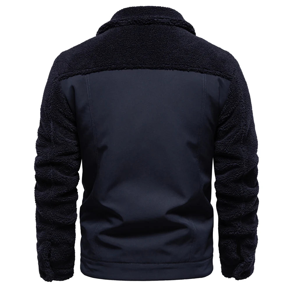 Men's Winter Warm Thick Sherpa Fleece Jacket Patchwork Fur Collar Fashion Casual Work Jackets for Men