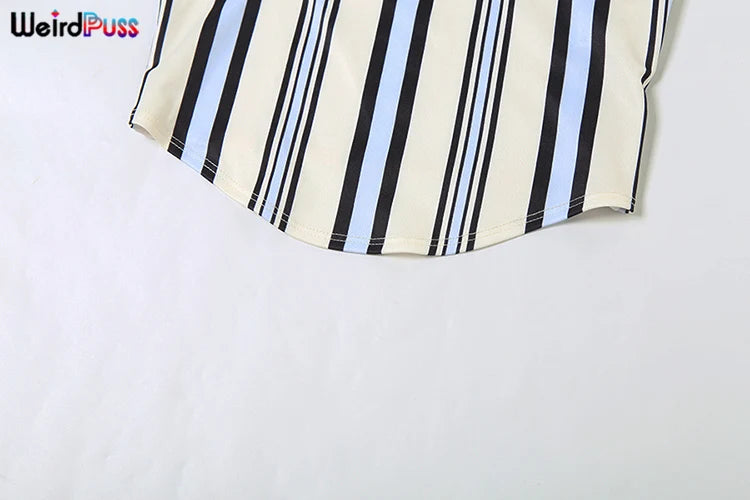 Stripe Print Women 2 Piece Set Summer Backless Low-Neck Halter Tank Tops + Skirts Fashion Vacation Streetwear Outfits