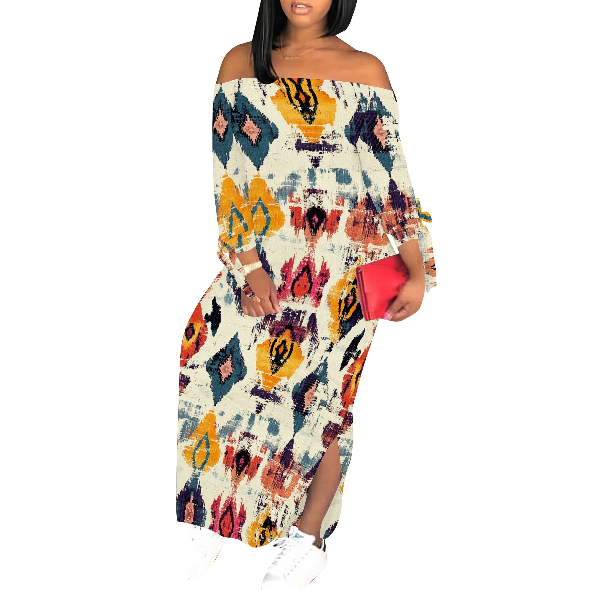 Casual Pink Butterfly Print Maxi Dress Off Shoulder Long Sleeve Bodycon Dress for Women Spring Vacation Style