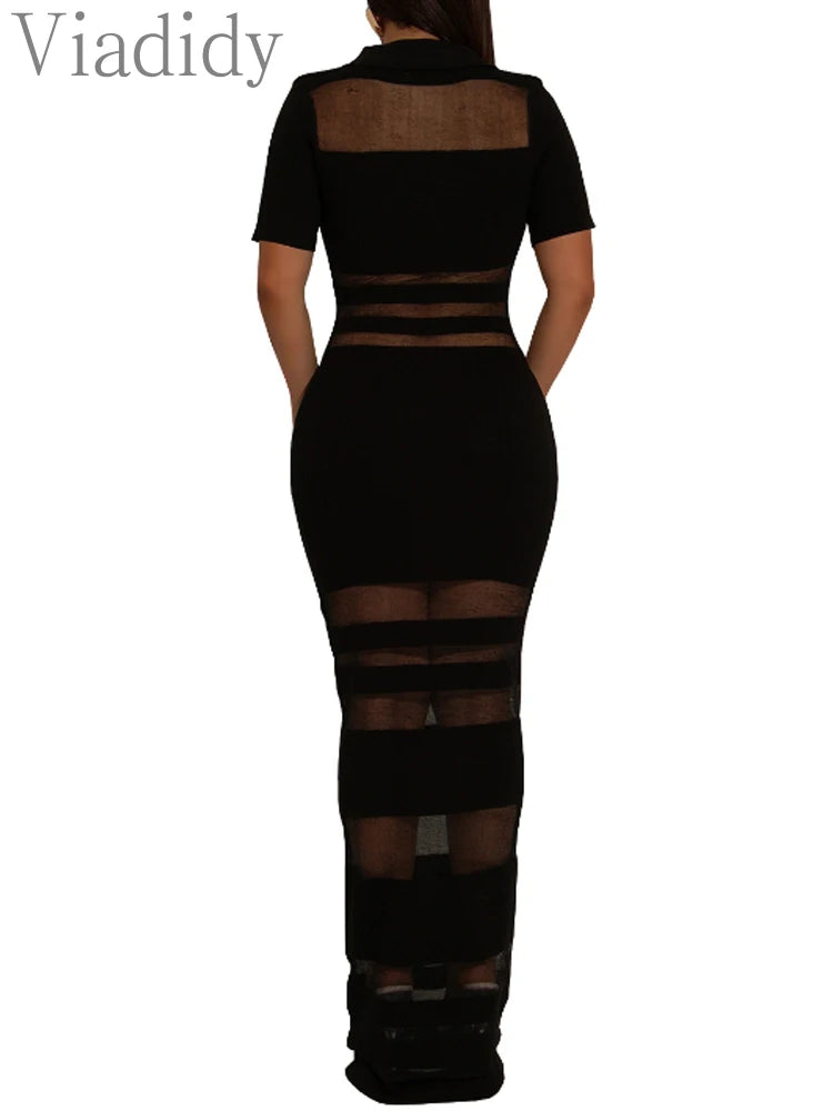Sexy Women Turn Down Collar Short Sleeve Mesh Patchwork Striped Long Dress Vestidos