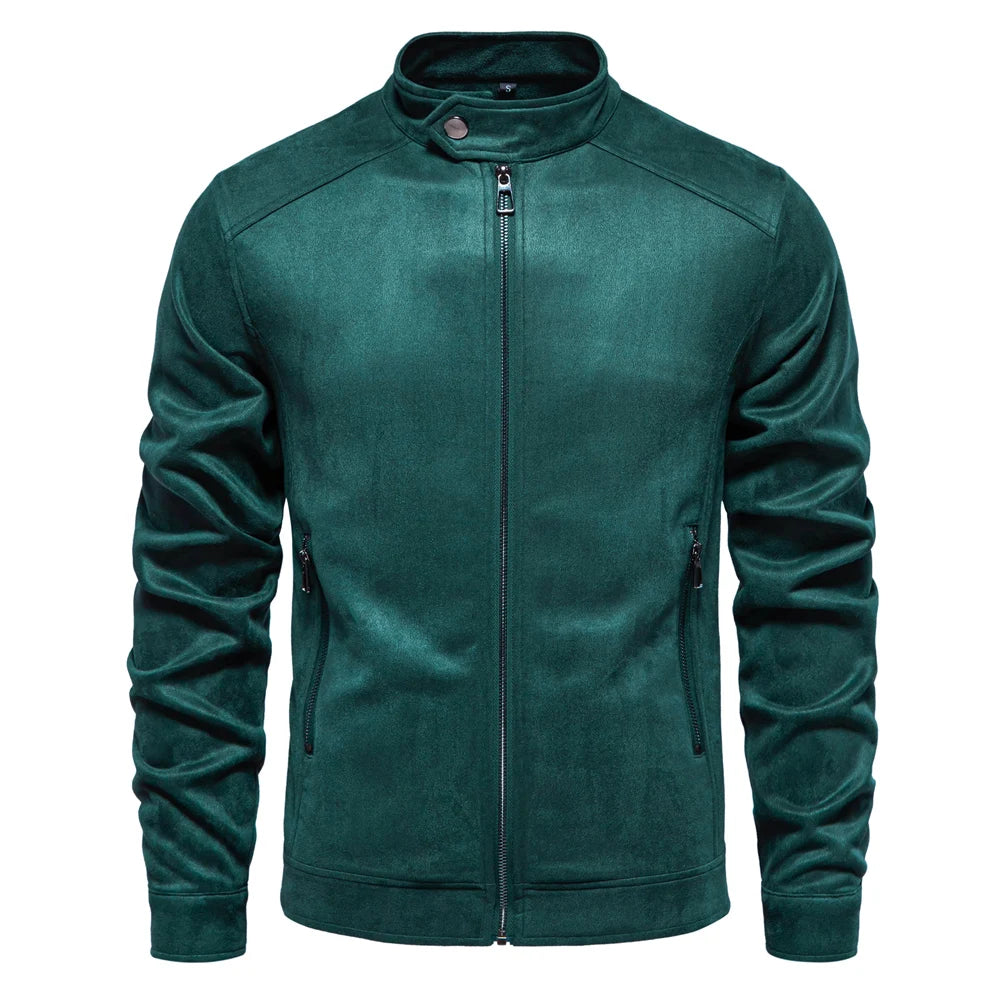 Men's Stand Collar Zip Suede Jacket Fashion Casual Business Faux Leather Trucker Jackets Coat for Men