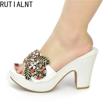 African Women Party Pumps Decorated with Rhinestone Shoes for Wedding Women Wedges Shoes for Women Platform Heels Nigerian Pumps