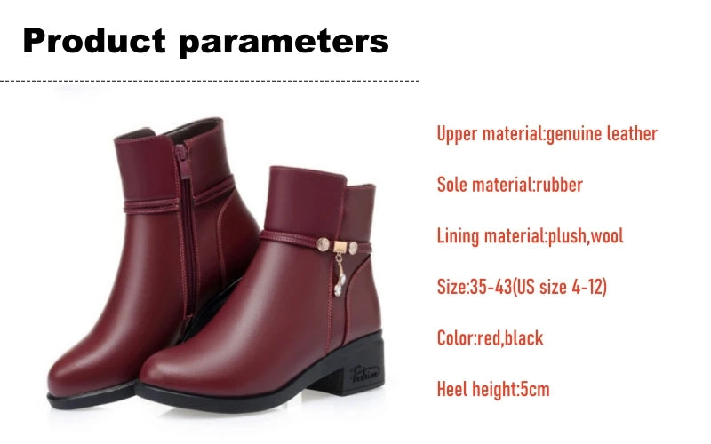 Women's Mother Female Genuine Leather Shoes Ankle Boots Winter Fur Plush Wool Warm Zipper