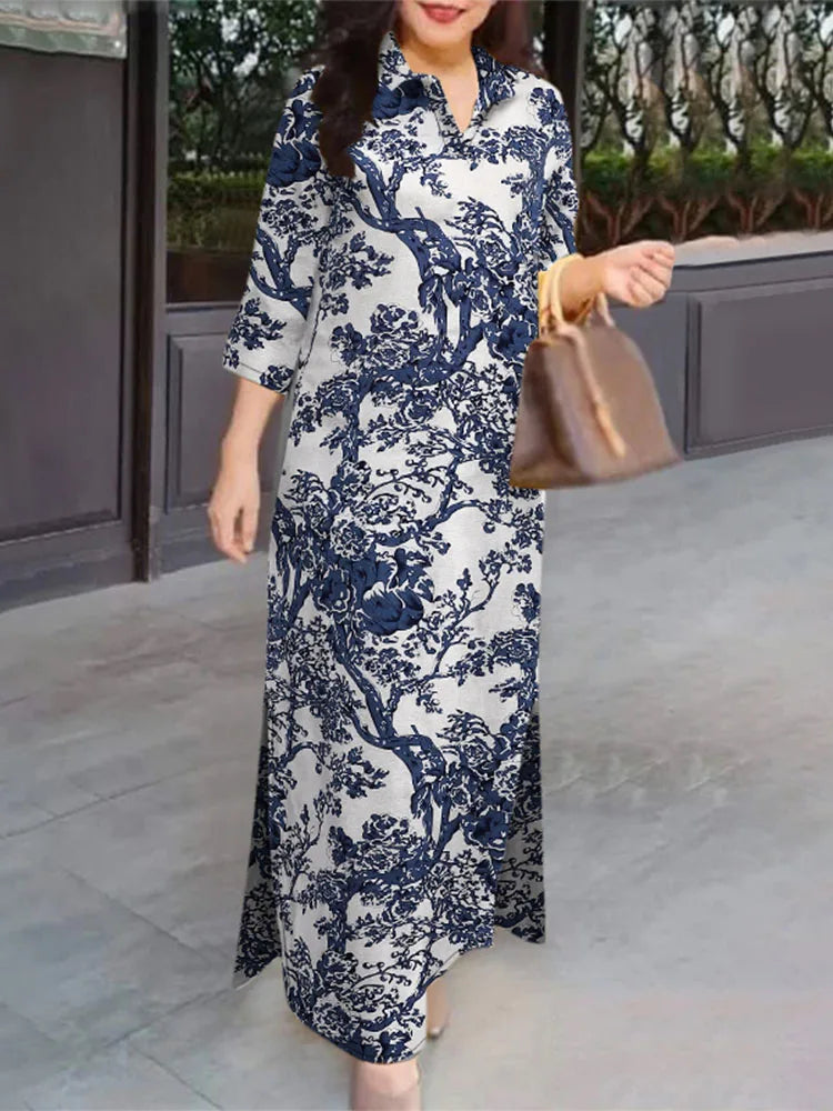 Women 3/4 Sleeve Long Dresses Autumn Fashion Lapel Neck Cotton Shirtdress Vintage Floral Print Maxi Shirt Dress