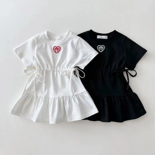 2025 Zomer Nieuwe Kinderen Korte Mouw Jurk Katoen Meisjes Schattige Borduurwerk Strik Jurk Baby Meisjes Prinsessenjurk Effen Kinderkleding 4-6Y