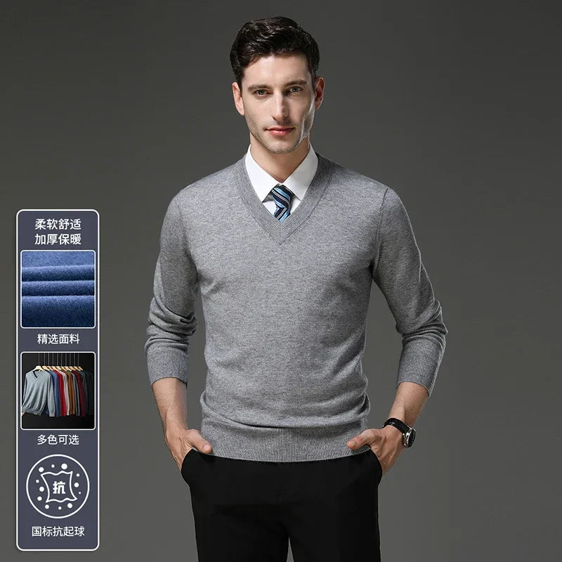Men's Warm V-Neck Solid Colour Sweater, Autumn & Winter Stretch Top, Daily Leisure Pullover Knitwear, Male Business Casual