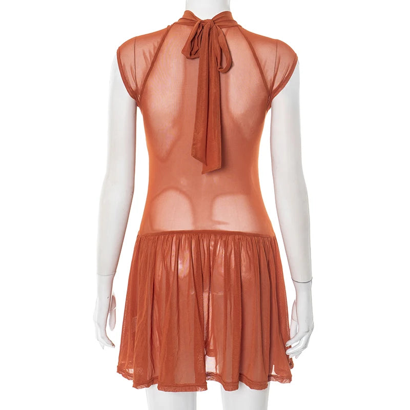 Hollow Sexy Dress Women o-Neck Coquette Sleeveless Patchwork Pleated Hem Halter Summer Midnight Clubwear Mini Bodycon