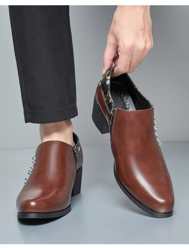 Retro Men European Fashionable Rivet Oxfords Dress Shoes High Heel Male Party Dressing Shoes Height Increasing Zipper Shoe