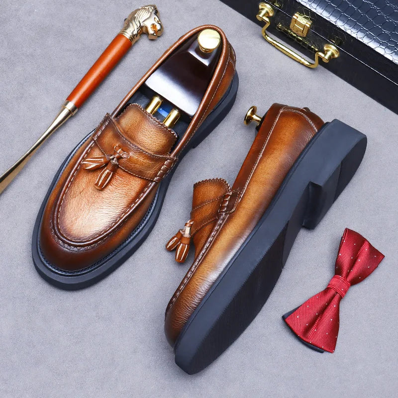 YETTIES Soft Leather Elegant Mens Dress Loafers Shoes Luxury Genuine Leather Tassel Thick Soled Wedding Social Formal Shoes