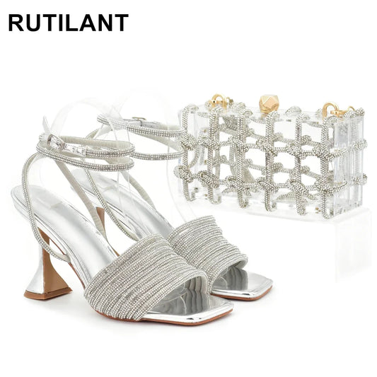 African Shoe and Matching Bag  Set Decorated with Rhinestone High Heels for Women