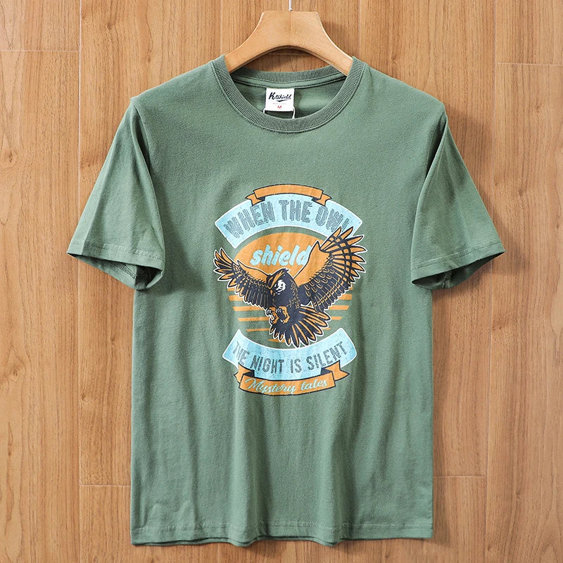 2025 Summer New American Retro 250g Short Sleeve O-neck Printed T-shirt Men's Fashion 100% Cotton Washed Casual Loose Tops