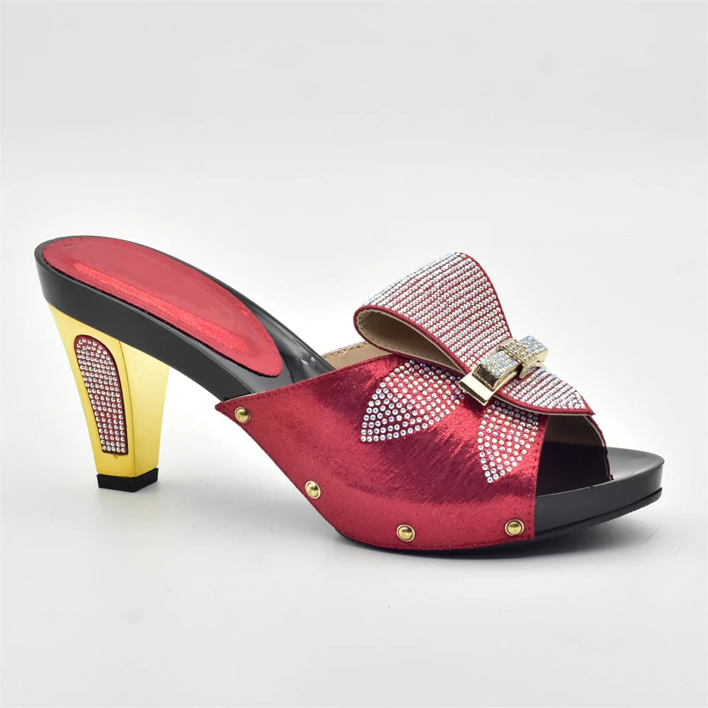 Gold Color Women Slippers Shoes African Women Wedding Shoes Elegant Italian Woman Shoes with Stone High Heels Woman Summer Pumps