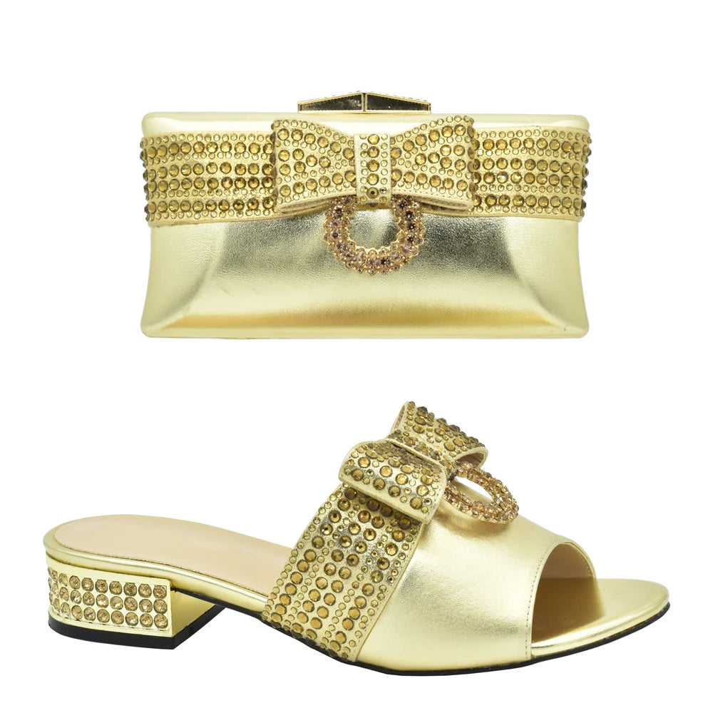 Italian Ladies Shoes and Bags To Match Set Decorated with Rhinestone Sling Backs Low (1cm-3cm) Luxury Shoes Women Designers