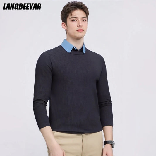 Men's Top Grade Fake Two Collared Fashion, Designer Knitted Pullover Sweater, Casual Brand Slim Fit Male Jumpers