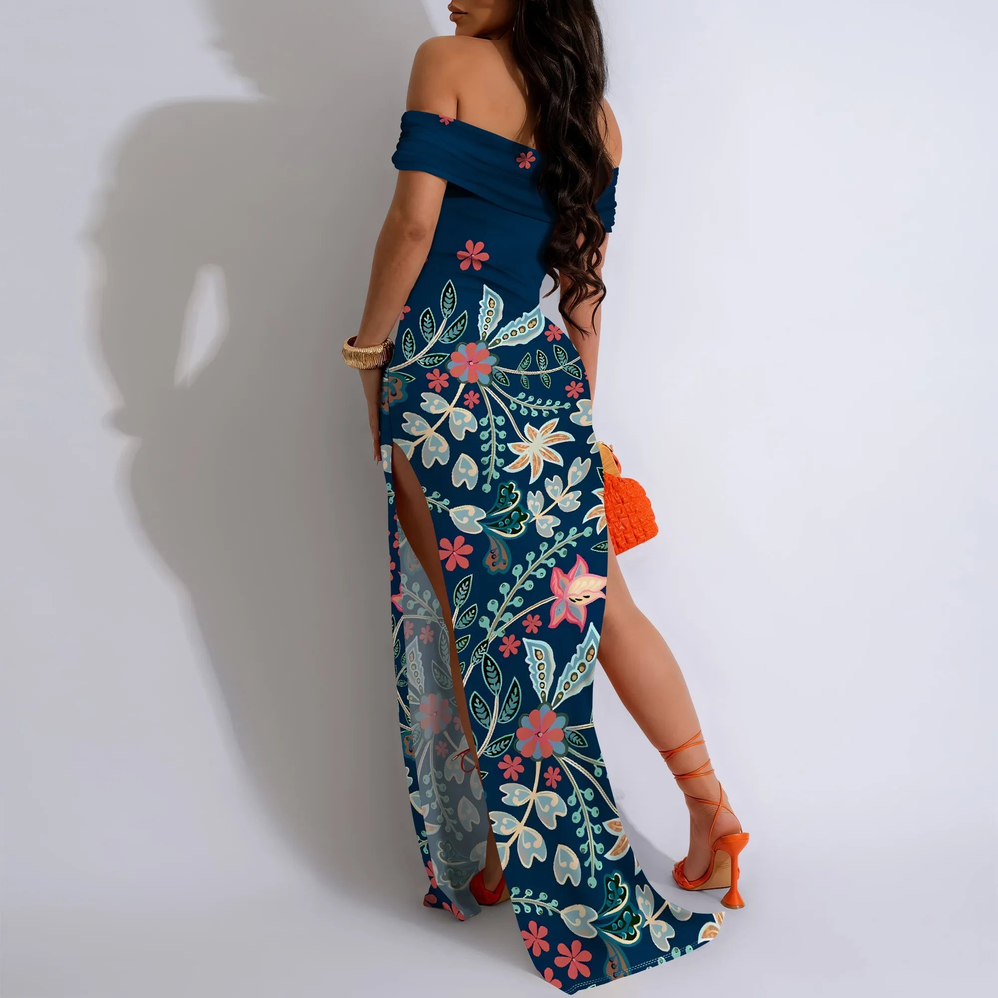 Black White Speckled Off-Shoulder High Slit Maxi Dress - Women's Modern Stylish Party Evening Resortwear