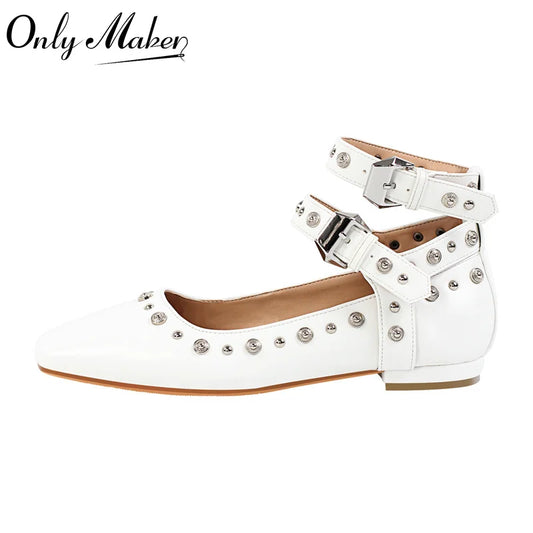 Women White Square Toe Buckle Strap Mary Jane Flats  Elegant Big Size Daily Flats Pumps