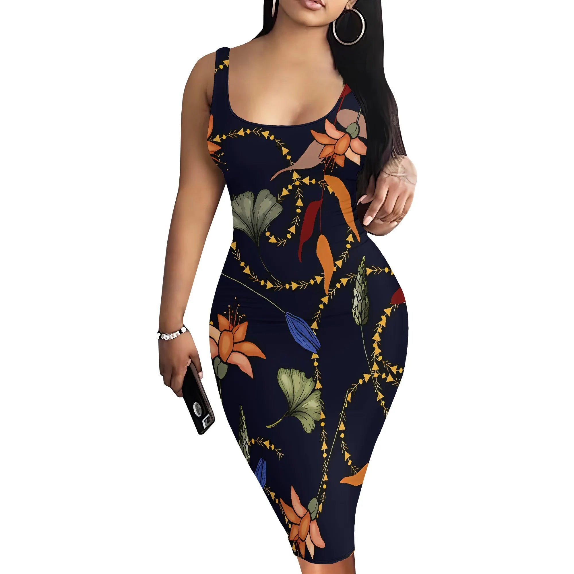 Summer Sleeveless Bodycon Midi Dress Women Abstract Leaf Print Sexy Clubwear Casual Tank Outfit