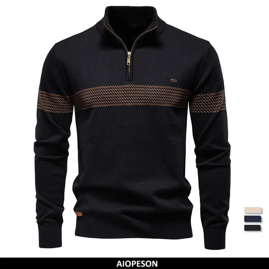 Men's Zipper Sweater Striped Design Knitted Warm Half-Zip Pullover Autumn Winter Outdoor Casual Men's Sweatshirt