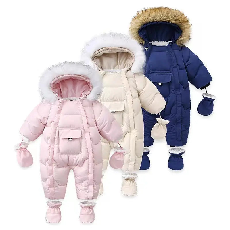 Winter Baby Rompers  Fur Lining Boys Jumpsuits Warm Fleece Padded Toddler Snowsuit Infant Outfit