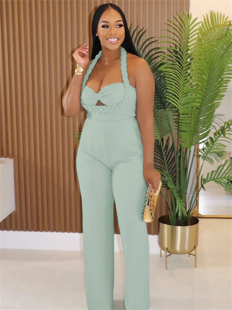 Women Fashion Straight Jumpsuit Summer Trend Twist Bandage Halter Ruched Hollow Backless Sleeveless Classic Outfits