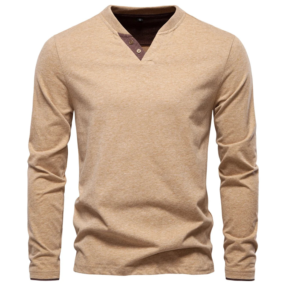 Men's Henley Collar Casual T-Shirt Solid Colour Long Sleeve Autumn Fashion High Quality 100% Cotton Male T-Shirts