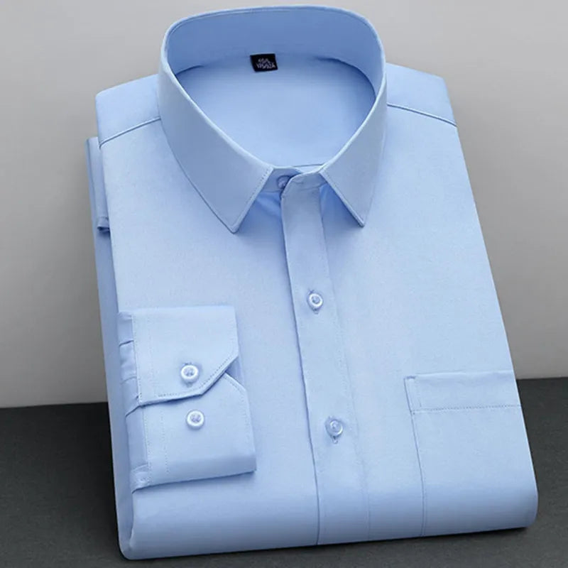 Men's Classic Solid Non-Iron Business Casual Shirt Anti-Wrinkle Soft Wear Long Sleeve Square Collar Tat Fabric Single Breasted