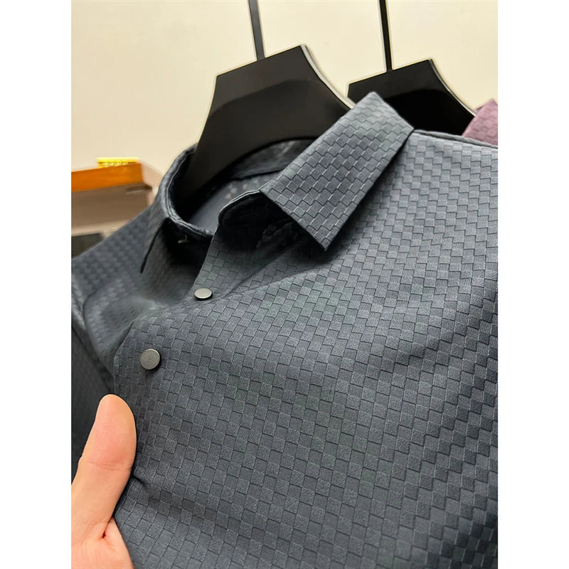 Men's Summer Luxury and Fashionable Casual Waffle Short Sleeve Polo Shirt, Lapel, Ice Silk, and High-End Breathable T-Shirt