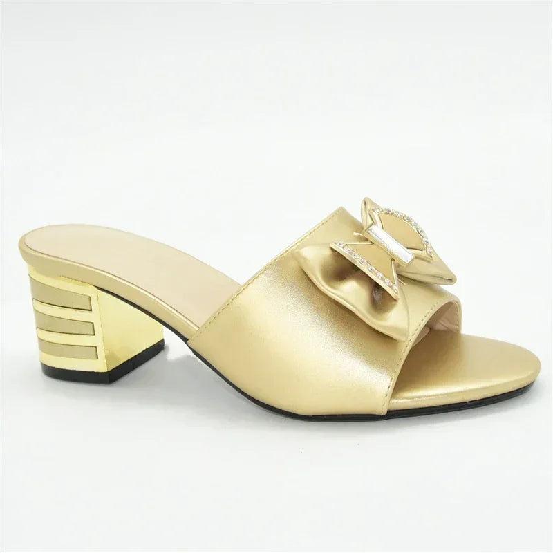 Women's Italian High Heel Slippers Shoes with Metal Trim and Rhinestones for Ladies Suitable for Autumn Wedding