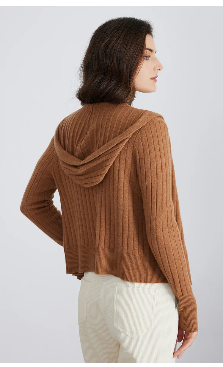 Women's High-Quality Winter Luxury Brand Long-Sleeved Hooded Cardigan & Knitted Sweater With 94% Cashmere For Ladies