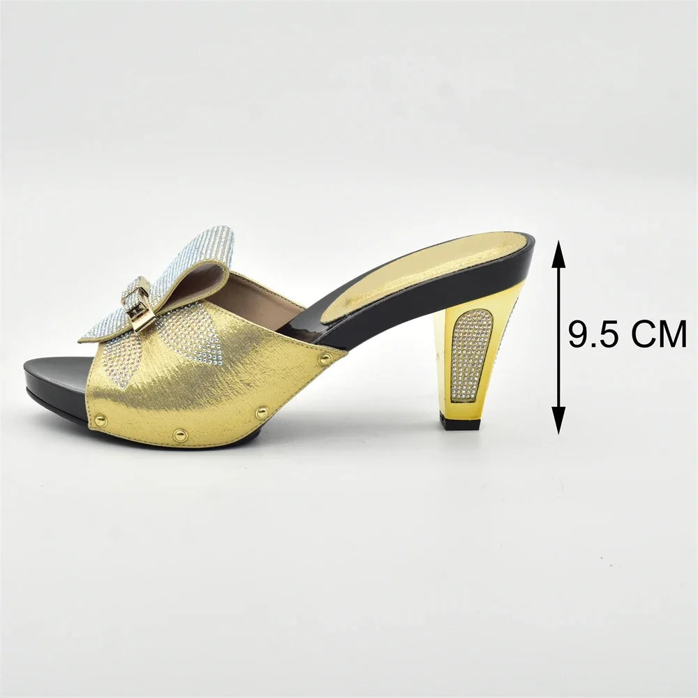 Gold Color Women Slippers Shoes African Women Wedding Shoes Elegant Italian Woman Shoes with Stone High Heels Woman Summer Pumps