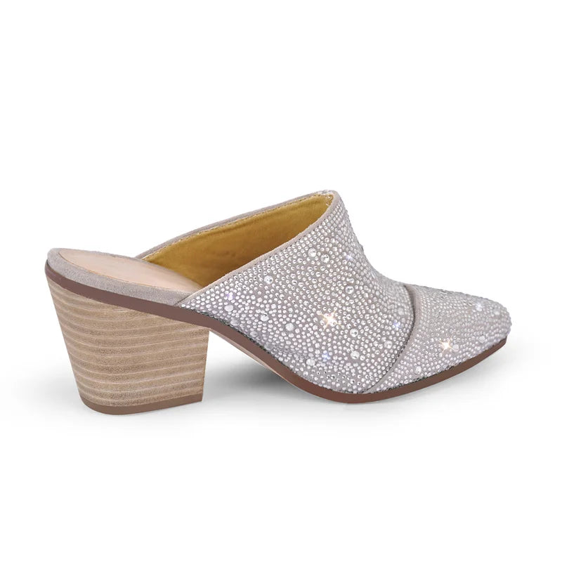 Women Pointed Toe Rhinestone Mules Glitter Bling Shiny Pretty Sparkly Gorgeous Chunky Heel Slip On Summer Slipper