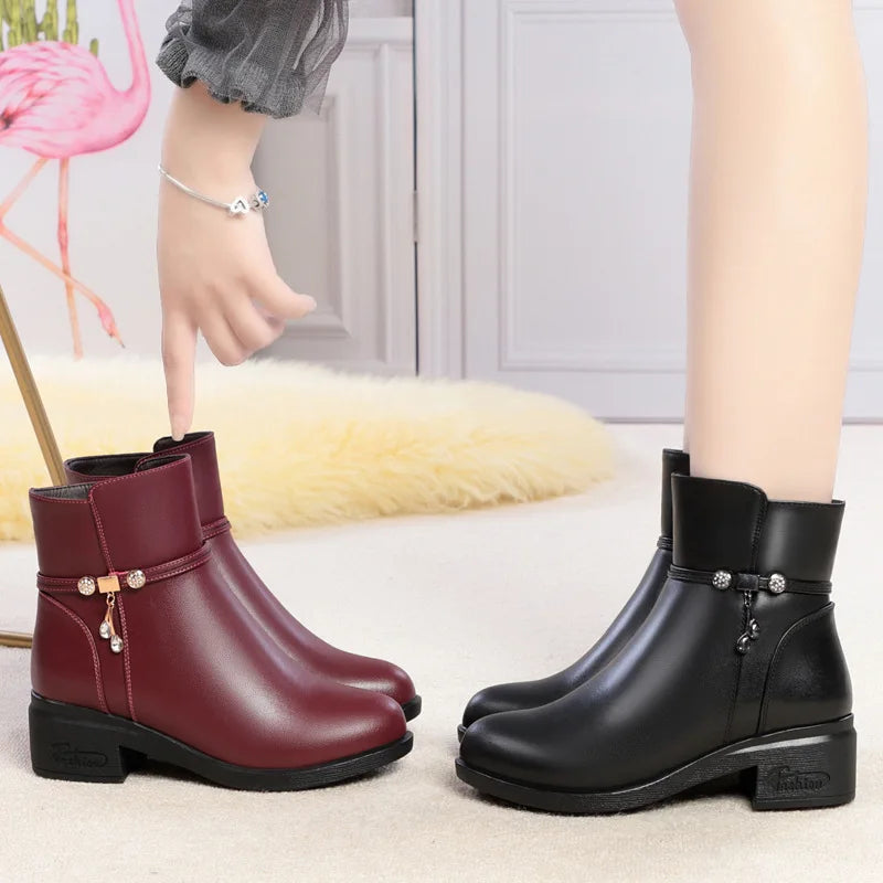 Women's Mother Female Genuine Leather Shoes Ankle Boots Winter Fur Plush Wool Warm Zipper