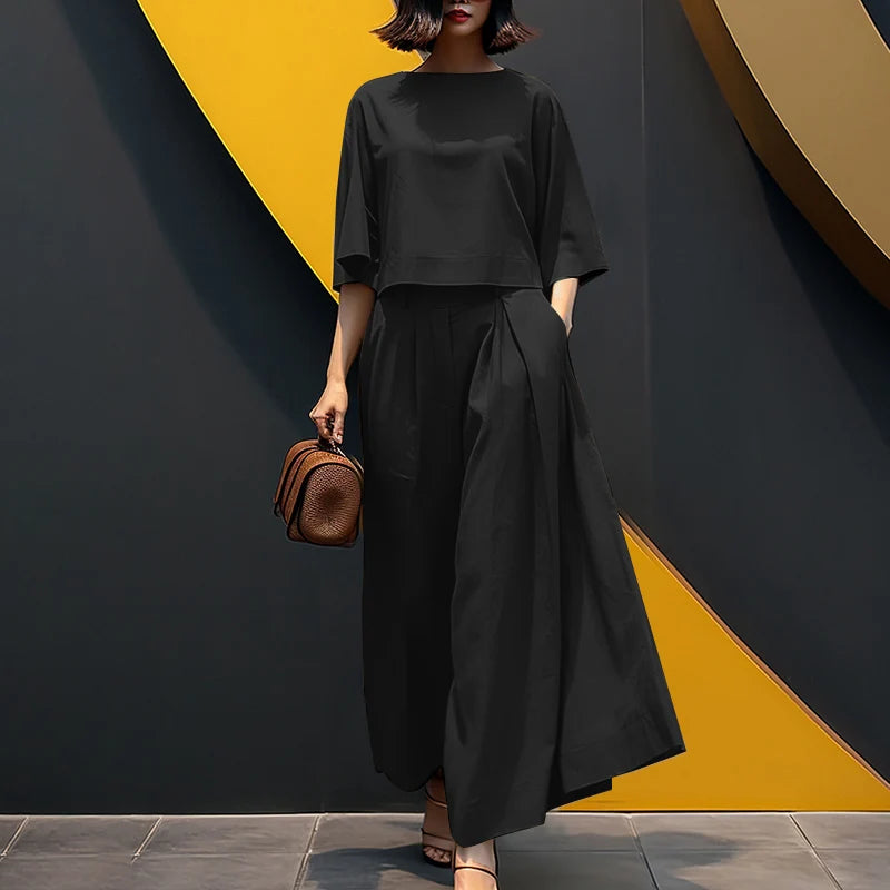 Women Causal 2PCS Pant Sets Loose 3/4 Sleeve Tops Wide Leg Pants 2-Pieces Outfits Solid Colour Fashion Commute Tracksuits