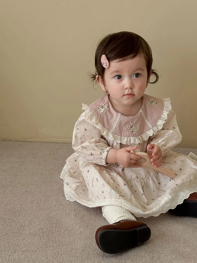 New Autumn Girls Flower Dress Cartoon Bunny Lace Kids Princess Dress Loose Korean Version Children Clothes 9M-5T Girls