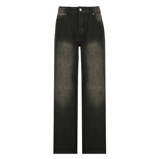 Dames American Vintage Losse Zwarte Jeans Streetwear Hoge Taille Rechte Wijde Broek Casual Eenvoudige All-match Denim Broek