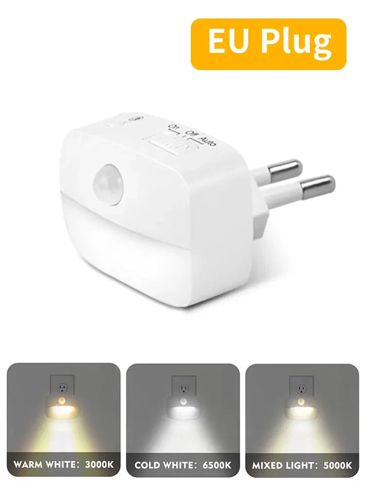3-kleuren LED-nachtlampje met bewegingssensor EU US-stekker PIR-menselijke infraroodinductielamp voor slaapkamer, gang, trap, keuken
