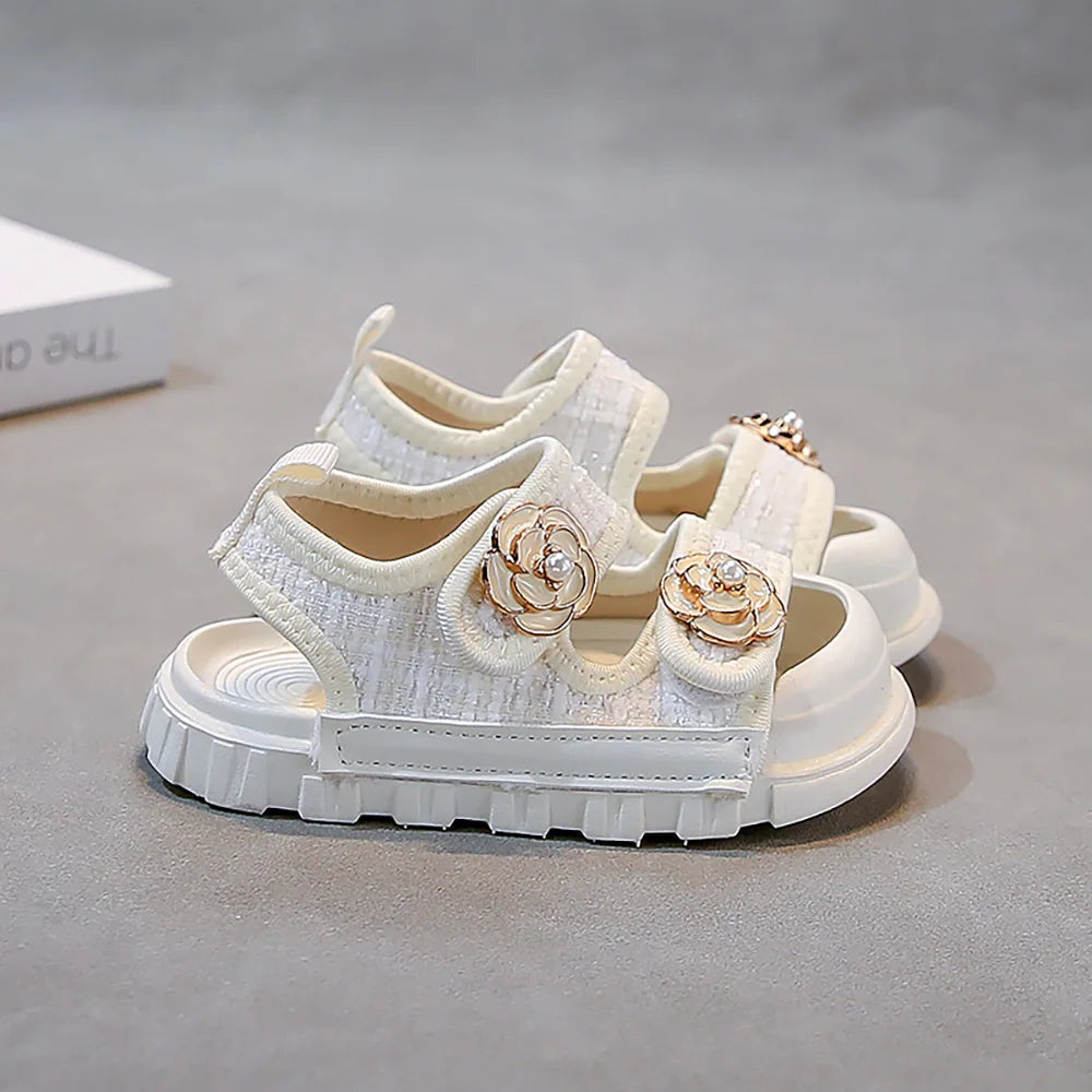 Korean Style Summer Sandals For Girls Luxury Pearl Flower Children's Beach Shoes Ergonomics Soft-soled Kid's Girl Sandals