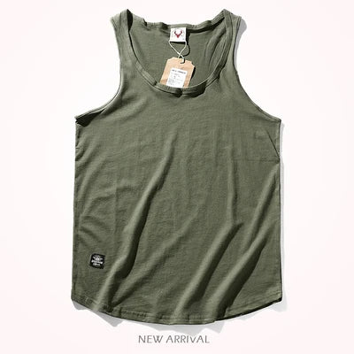 2023 Summer New American Retro Sleeveless O-neck Solid T-shirt Men's Fashion 100% Cotton Washed Old Casual Sports Vest Tops