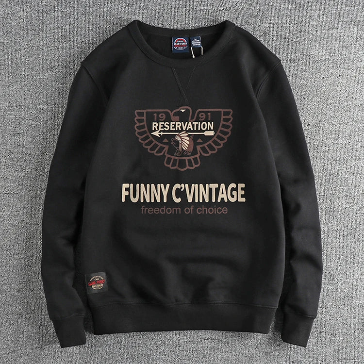 Winter American Retro 420g Thick Velvet Indian Elemet Printed Sweatshirts Men's Simple Washed Youth Casual Pullover Sportwear