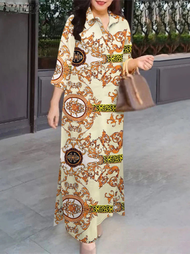 Fashion Slit Hem Shirtdress 3/4 Sleeve Women Vintage Casual Maxi Dress Autumn Baroque Print Lapel Neck Long Vestidos