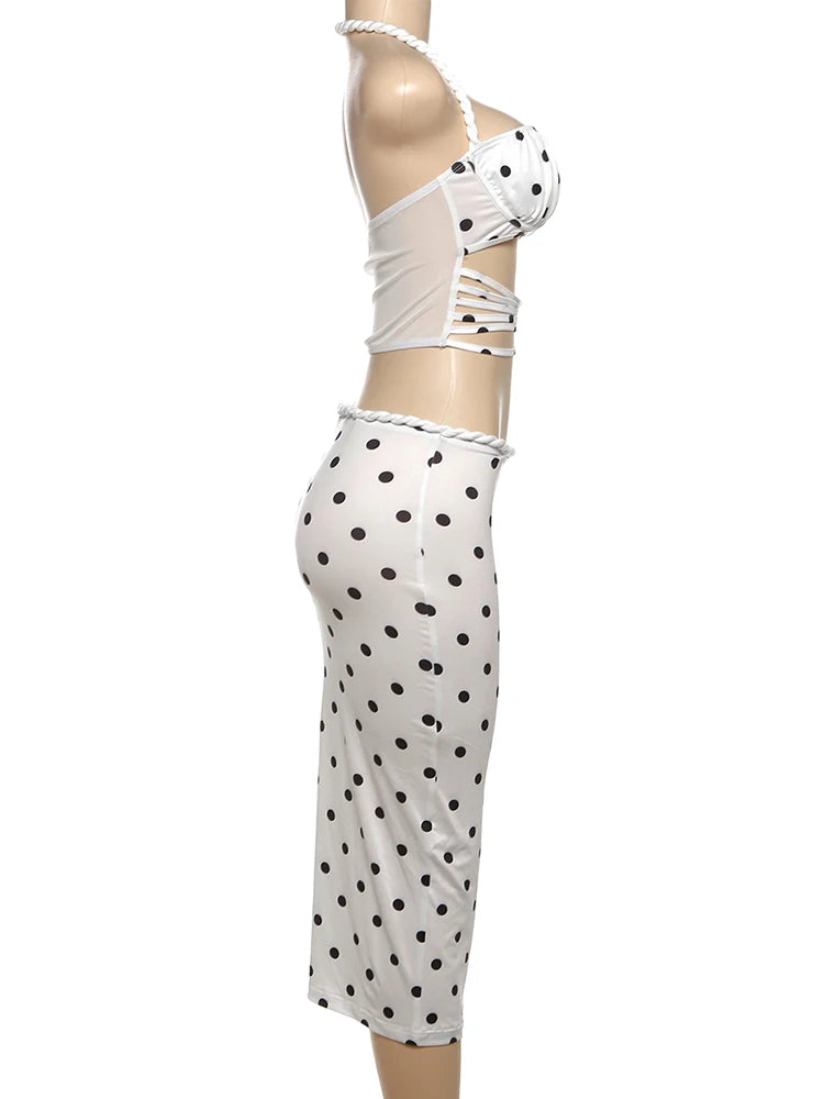Polka Dots 2 Piece Set Women Twist Bandage Halter Hollow Camisole + Skinny Mid Skirts Street Fashion Elegant Outfits For Women