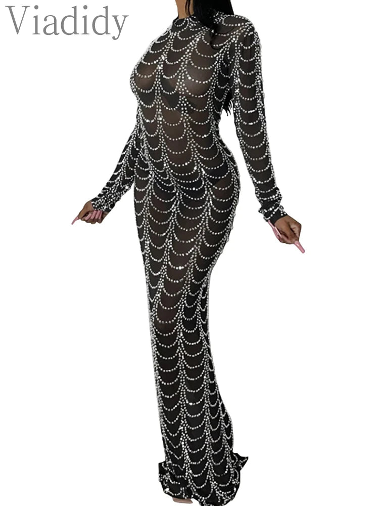 Sexy Rhinestone Sheer Mesh Long Sleeve  Party Dress