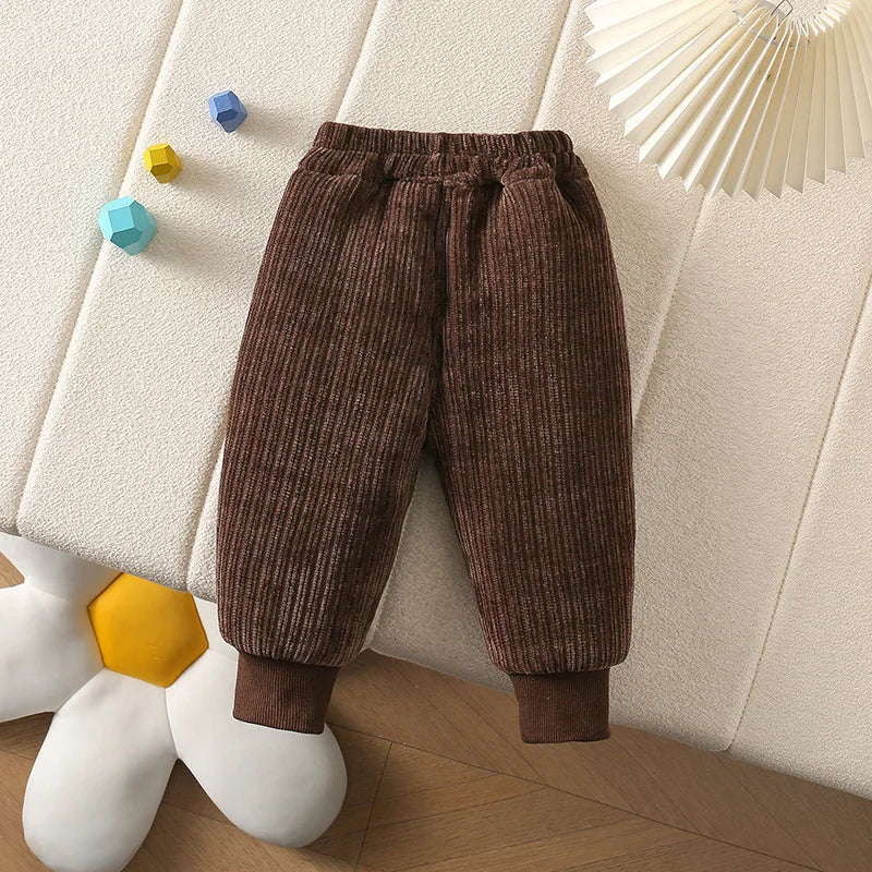 New Winter Kids Pants Children Solid Colour Pit Strip Trousers Boys Girls Fleece Padded Casual Pants 4-6Y Unisex