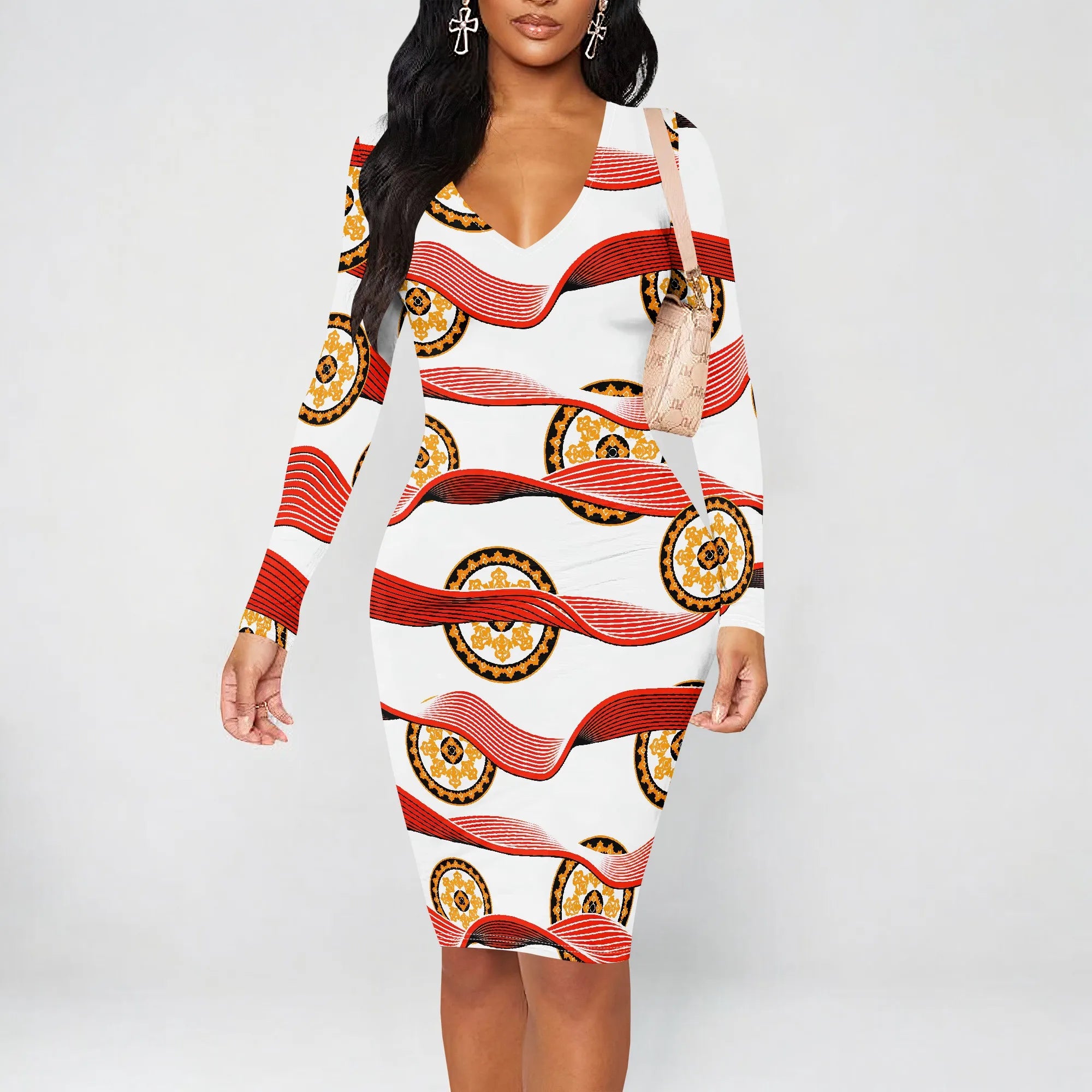 Womens Bodycon White Dark Blue line Flower Print Round Neck Ruffle Ruched Party Knee Length Pencil Dress