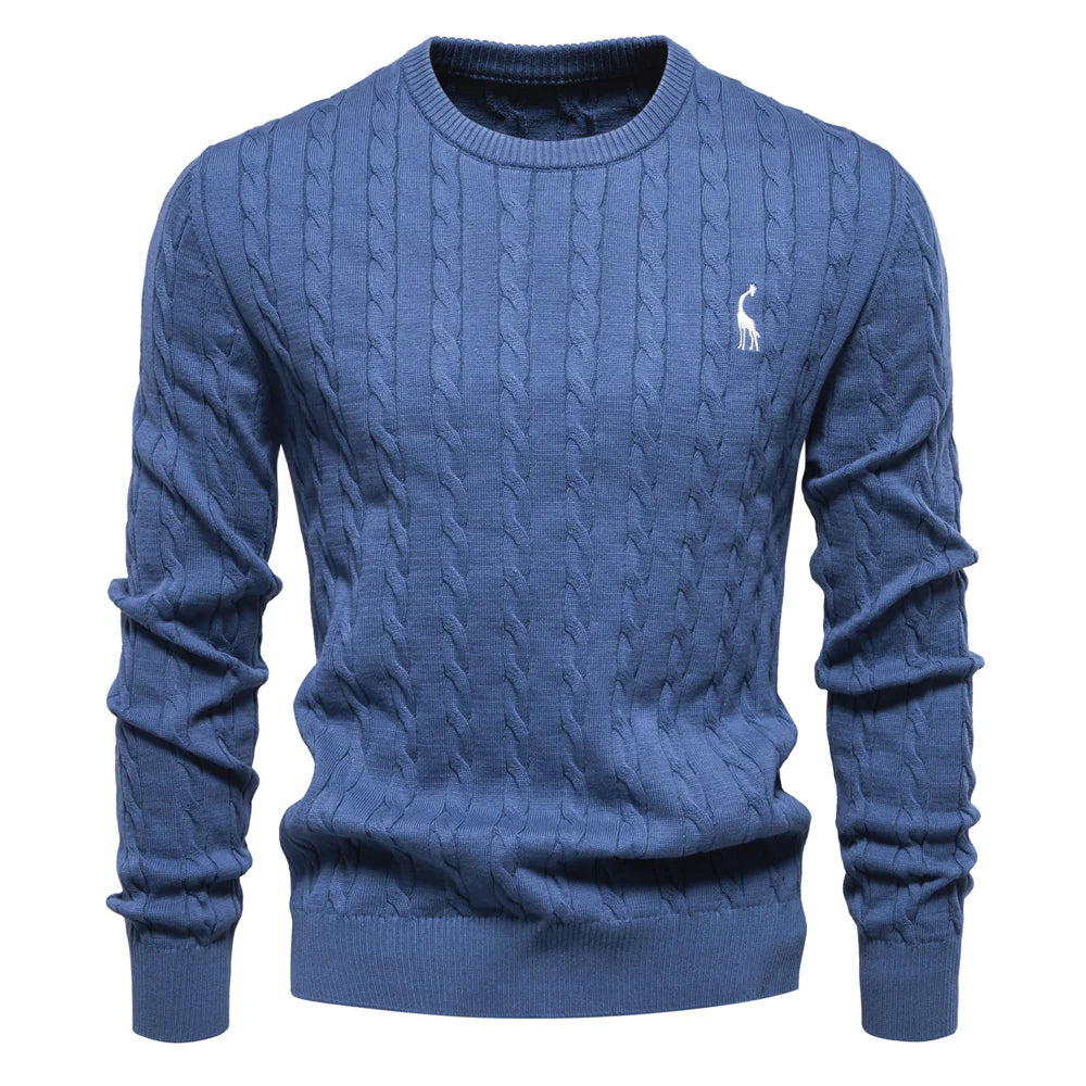 Men's Giraffe Embroidery Cotton Sweaters Round Neck Classic Twist Patterned Pullover Knitted Sweater for Men