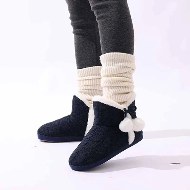 Women's Winter Warm Plush Boots Suitable For Outdoor and Indoor Use With Soft Sole Non-Slip Knit Furry Snow Shoes Cosy Cotton