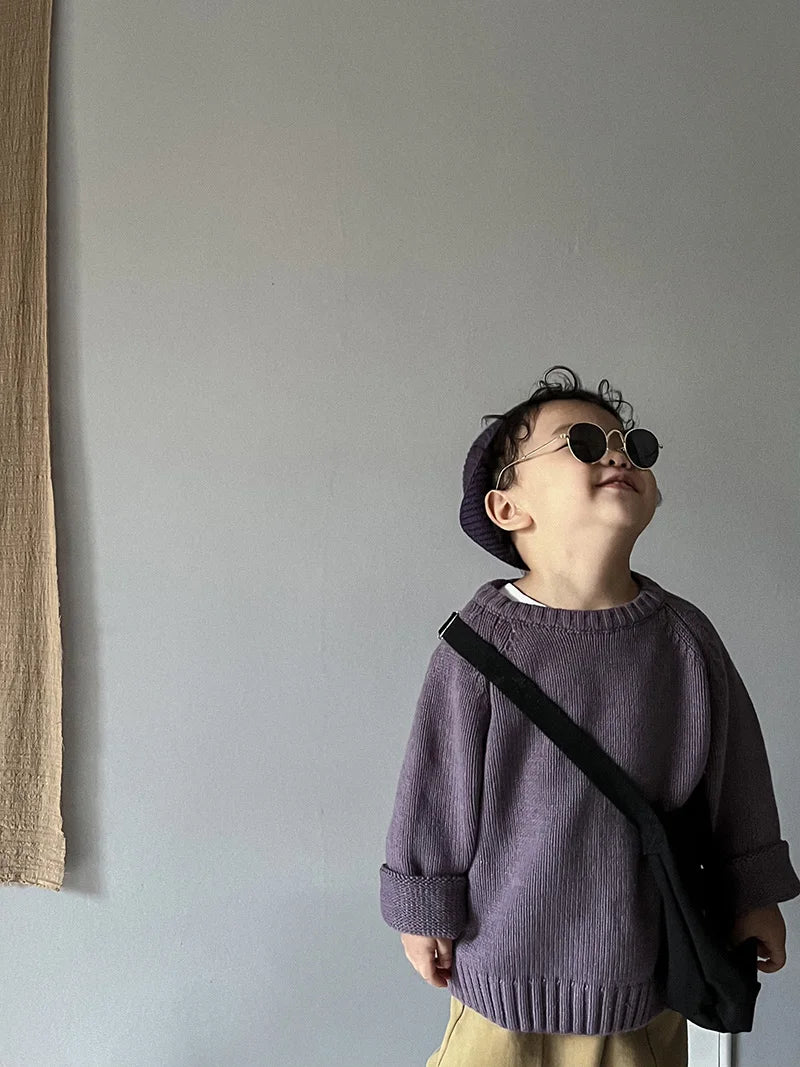 Pure Cotton Solid Kids Sweaters Vintage Boys Pullover Knitwear Toddler Girls Sweater Shirt Outwear For Children 1-6Y Unisex