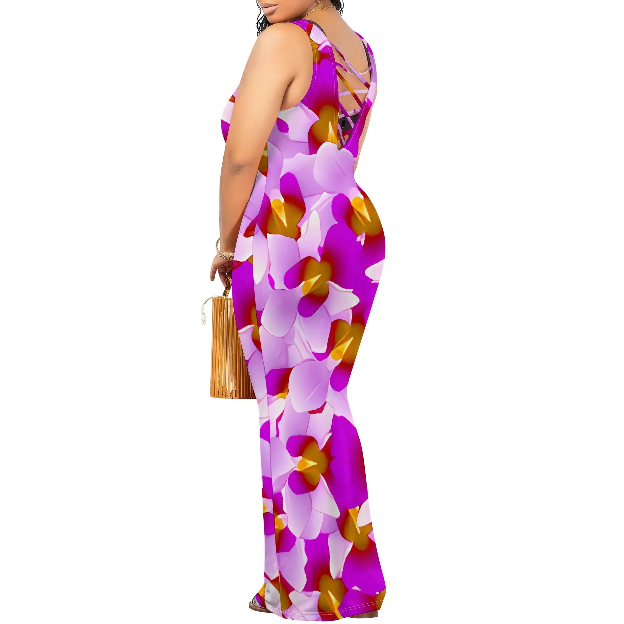 Summer Sleeveless Maxi Dress Women Floral Print Beach Sundress Elegant Pink Purple Bodycon Long Dress for Vacation